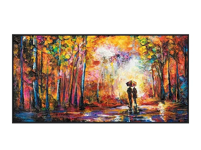 Colorful Oil Painting of Two People with Umbrella in Rainy Forest Sunlight Through Trees 3d model