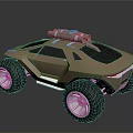 Brown Futuristic Off Road Vehicle With Large Tires And Roof Mounted Structure Design