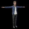 Game Movie Character In Blue Jacket White Shirt Gray Pants Arms Outstretched On Black Background