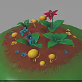 Vibrant Garden Plants With Red Blue Flowers Yellow Mushrooms And Green Leaves