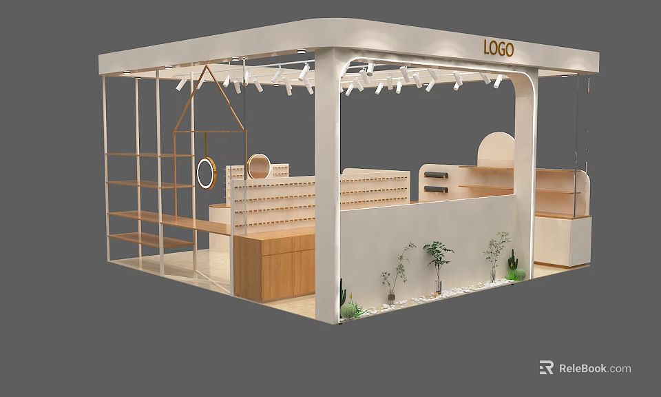 Jewelry Exhibition Booth With White Wooden Structure Display Shelves Counter And Green Plants 3d model 