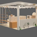Jewelry Exhibition Booth With White Wooden Structure Display Shelves Counter And Green Plants