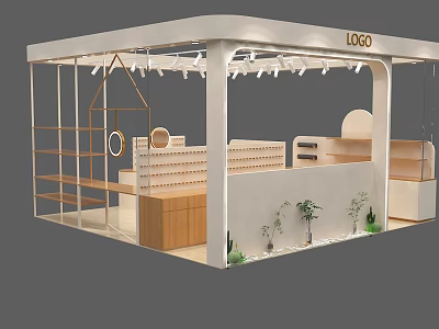 Jewelry Exhibition Booth With White Wooden Structure Display Shelves Counter And Green Plants 3d model