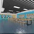 School Art Learning Classroom With Blue Walls Long Wooden Tables Wooden Chairs And Display Shelves