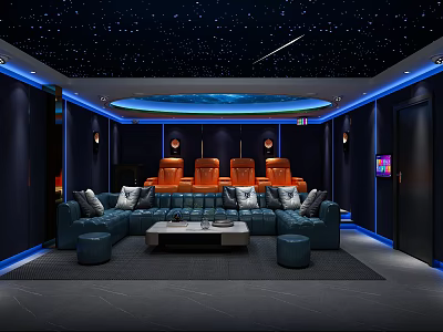 Luxurious Home Theater Room Featuring Starry Ceiling Blue Lighting Orange Seats And Blue Sofa 3d model