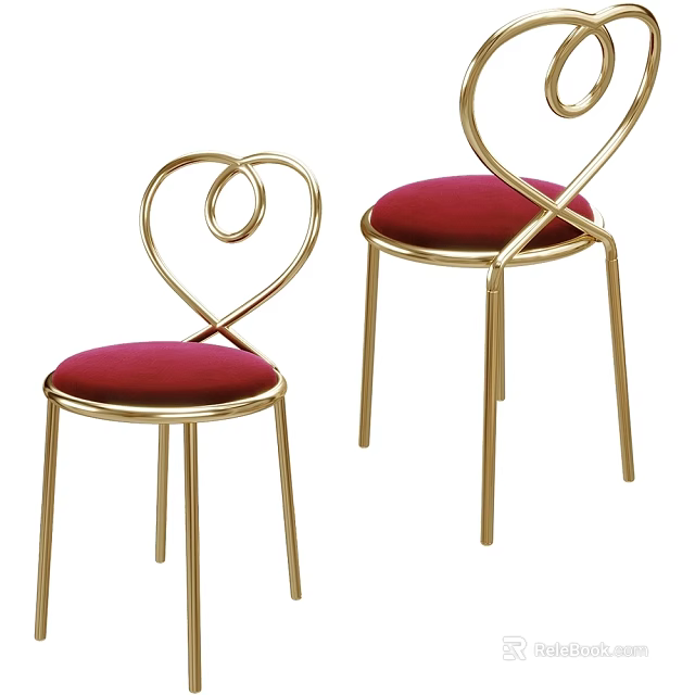 Elegant Dining Chairs With Heart Shaped Backrest Red Velvet Seat And Gold Metal Legs 3d model 