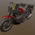 Red Motorcycle Featuring Black Seat Metal Frame Large Tires and Rear Luggage