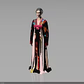 Traditional Hanbok Long Dress With Wide Sleeves Colorful Patterned Fabric And Pink Ribbon Belt