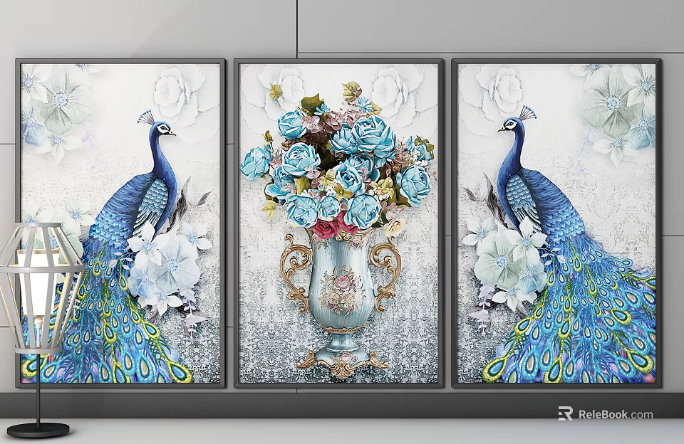 Elegant Peacock Paintings With Decorative Vase And Colorful Flowers On Wall 3d model 