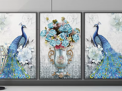 Elegant Peacock Paintings With Decorative Vase And Colorful Flowers On Wall 3d model
