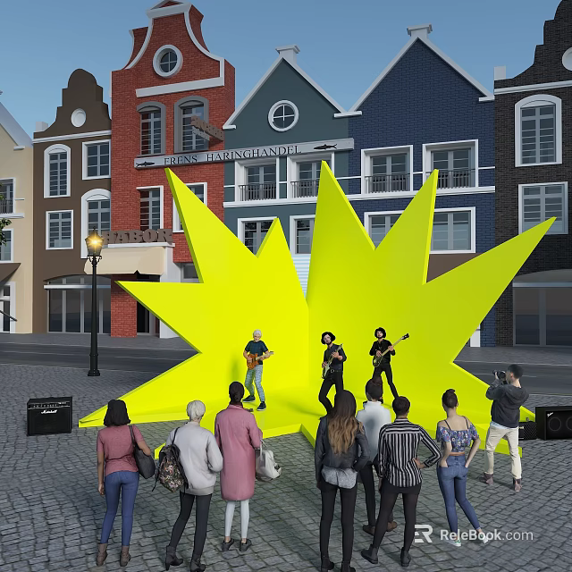 Yellow Star Shaped Installation With Live Band Performance And Colorful Buildings In Street Square 3d model 