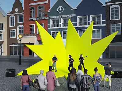 Yellow Star Shaped Installation With Live Band Performance And Colorful Buildings In Street Square 3d model