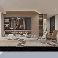 Modern Living Room Interior With TV Wall Bookshelves Fireplace Rug And Armchair