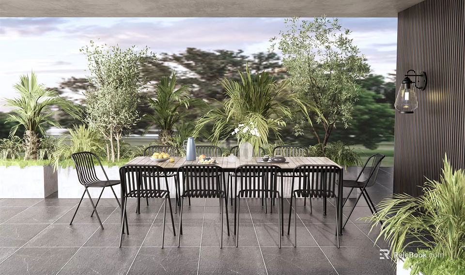 Home Balcony With Outdoor Dining Table Black Chairs And Lush Green Plants 3d model 