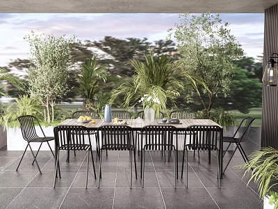 Home Balcony With Outdoor Dining Table Black Chairs And Lush Green Plants 3d model
