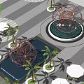 Illuminated Spherical Wireframe Sculptures With Palm Trees In Outdoor Twilight Sky