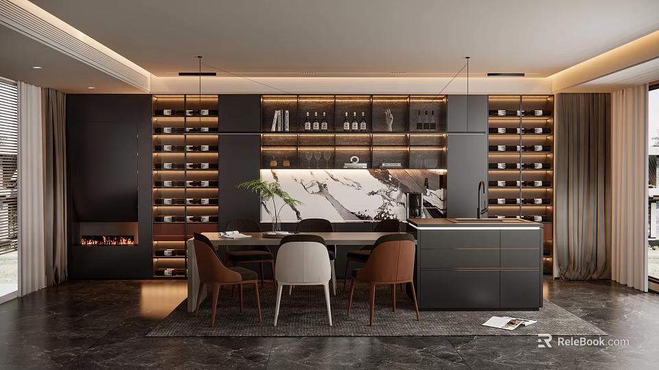 Restaurant Modern Interior With Dark Cabinets Wine Racks Marble Island Dining Chairs And Fireplace 3d model 