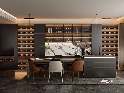 Restaurant Modern Interior With Dark Cabinets Wine Racks Marble Island Dining Chairs And Fireplace 3d model