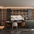 Restaurant Modern Interior With Dark Cabinets Wine Racks Marble Island Dining Chairs And Fireplace