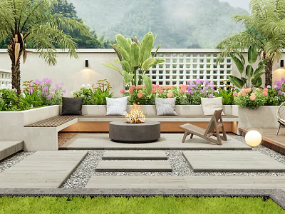Tranquil Courtyard Garden With Cushioned Bench Fire Pit Lush Plants And Stone Path 3d model