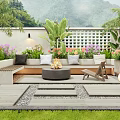 Tranquil Courtyard Garden With Cushioned Bench Fire Pit Lush Plants And Stone Path