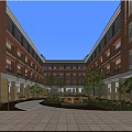 Red Brick Multi Story School Building With Courtyard Green Plants And Students