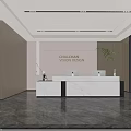 Modern Front Desk Reception Area With Marble Counter And Floor to Ceiling Windows
