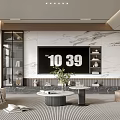 Modern Living Room Interior With Marble Accent Wall Large TV And Comfortable Sofa