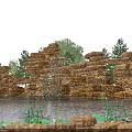 Waterfront Landscape With Rock Formation Waterfall Pond Trees And Wooden Bench