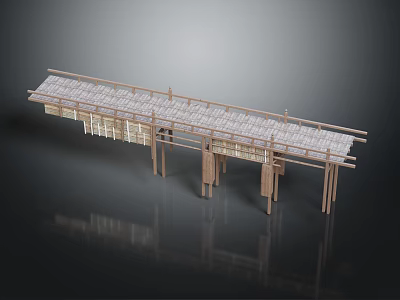 Traditional Wooden Covered Bridge Structure With Pillars Roof Tiles And Railings 3d model