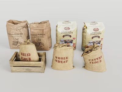 Assorted Flour Bags Including Corn Bread Wholemeal And Pastry Flour In Wooden Box 3d model