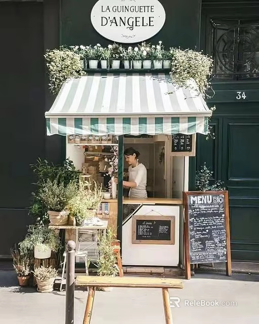 Charming Specialty Store With Green And White Striped Awning Menu Blackboard And Plants 3d model 