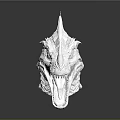 White Mythical Creature Skull Model Featuring Spiked Frills Curved Horn And Intricate Surface Texture