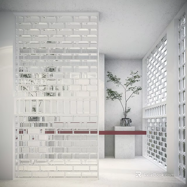 Modern Glass Block Room Divider With Indoor Plant In Minimalist Bright Interior Design 3d model 