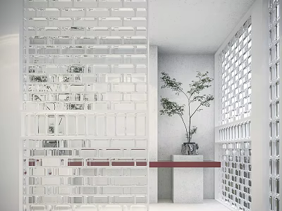 Modern Glass Block Room Divider With Indoor Plant In Minimalist Bright Interior Design 3d model