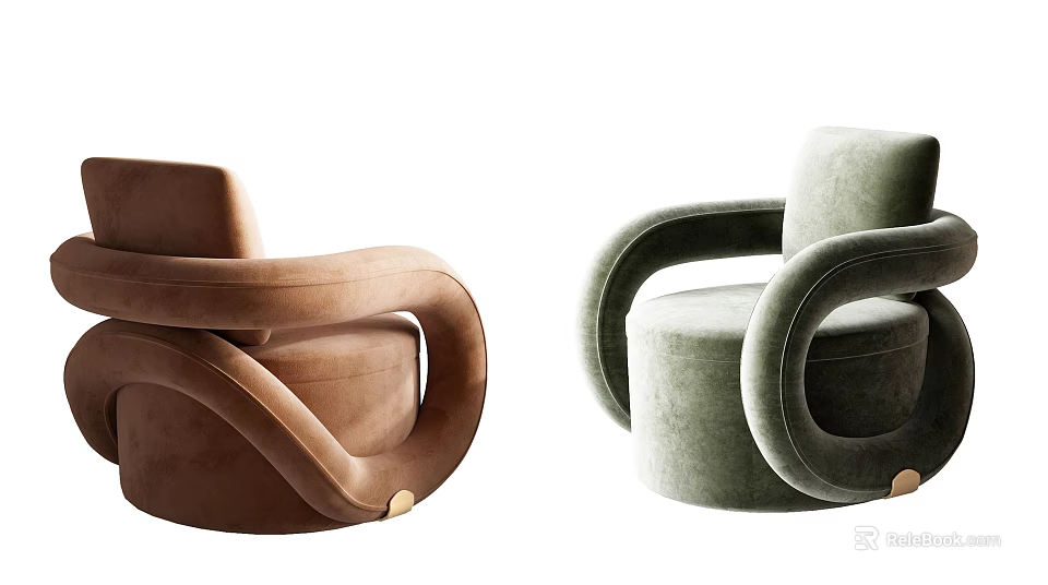 Modern Brown and Green Accent Chair with Curved Arms and Velvet Fabric 3d model 