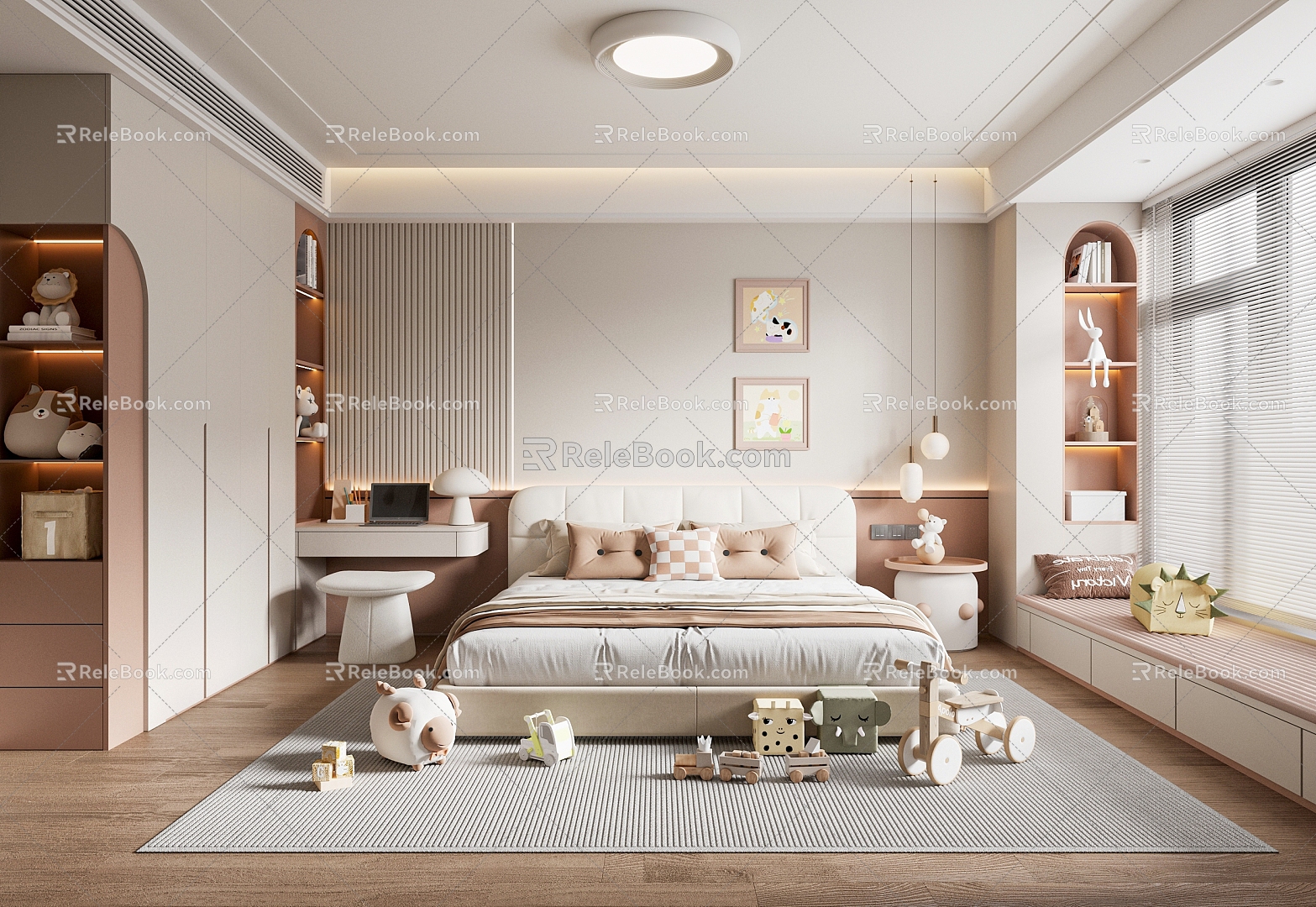 Modern Girl Children's Room Children's Bed Bedside Cabinet Wardrobe Chandelier Toy Ceiling Lamp Book Chair 3d model