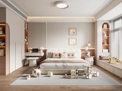 Kids Room Interior Design With Bed Pillows Toys On Rug Desk And Shelves 3d model