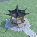 Traditional Chinese Pavilion With Wooden Structure Stone Steps And Green Lawn Under Blue Sky