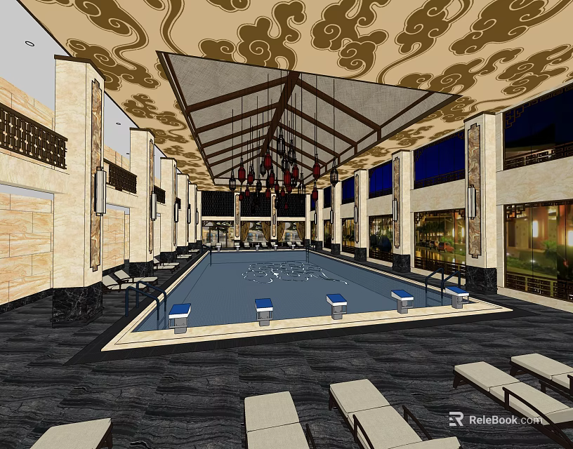 Indoor Swimming Pool Interior With Decorative Ceiling Loungers And Columns 3d model 