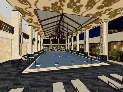 Indoor Swimming Pool Interior With Decorative Ceiling Loungers And Columns 3d model