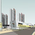 Modern Commercial Street With Geometric Roof Structure Glass Facades And Busy Pedestrians