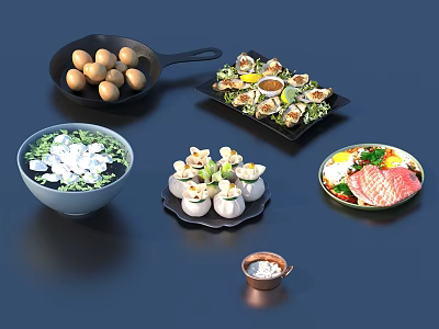 Delicious Assorted Asian Food Including Dumplings Eggs Tofu And Sliced Meat With Vegetables 3d model