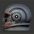 Futuristic Mechanical Armored Helmet With Silver Finish Red Visor And Circular Components