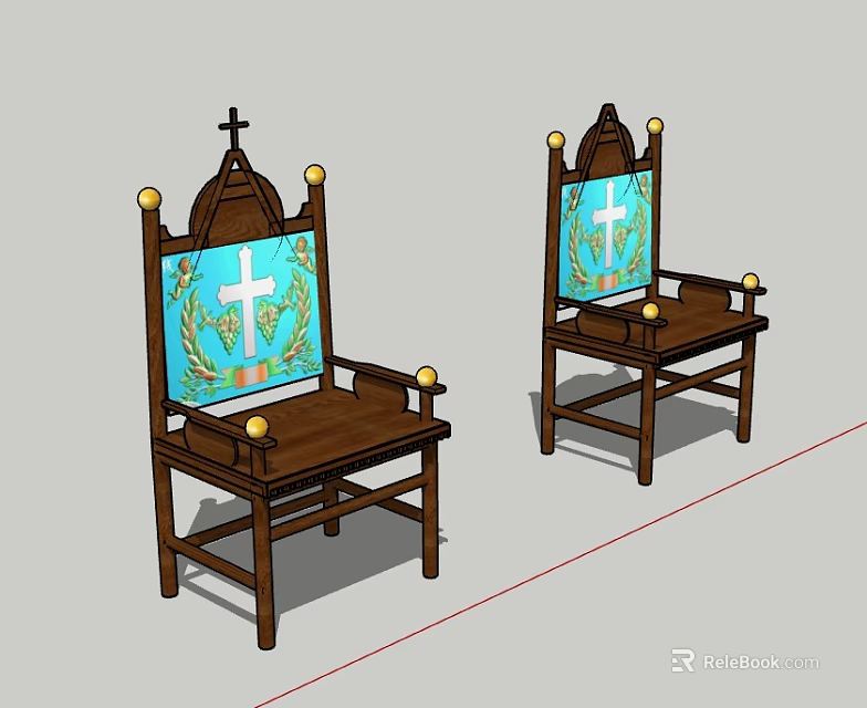 Two Wooden Frame Leisure Chairs With Golden Decorations And Cross Pattern On Blue Background 3d model 