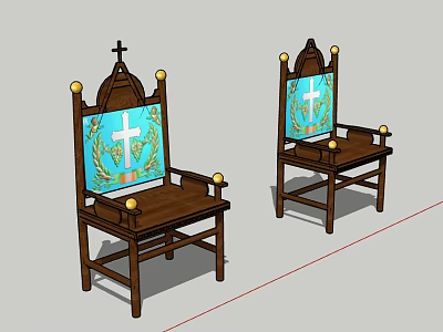 Two Wooden Frame Leisure Chairs With Golden Decorations And Cross Pattern On Blue Background 3d model