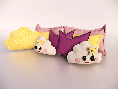 Colorful Cartoon Cloud and Star Shaped Pillows with Smiling Face Patterns 3d model