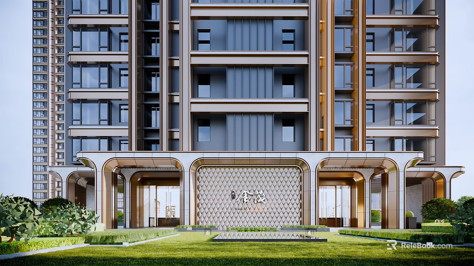 Modern Residential Building With Modern Facade Design And Landscaped Entrance Area 3d model 