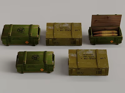 Collection of Multiple Green Military Wooden Crates Some Open With Contents Inside 3d model