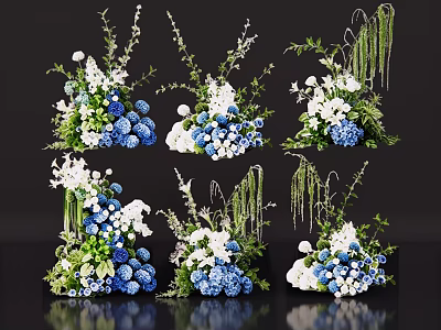 Elegant Blue And White Floral Arrangements In Vase With Green Leaves 3d model